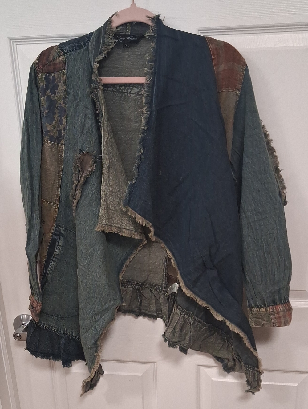Frayed Patchwork Jean Jacket in Blue & Green